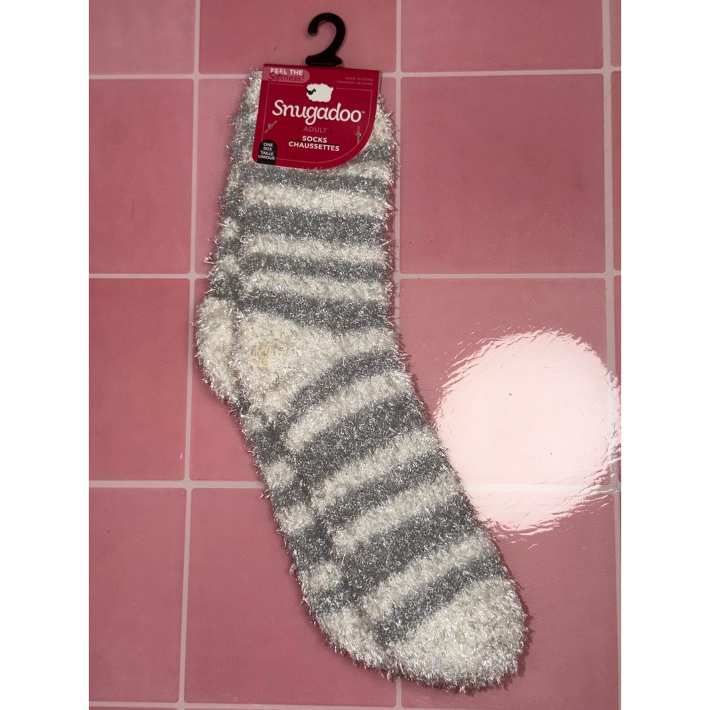 Snugadoo Grey White Striped Fuzzy Socks Adult One Size Metallic Silver Sparkle